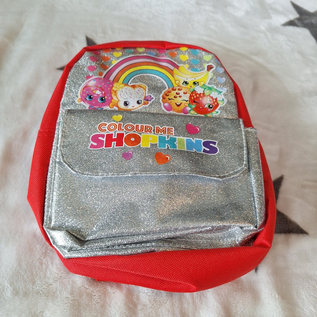 2018 Moose Brand Color Me Shopkins Mini Back Pack Silver & Red Zipper Close